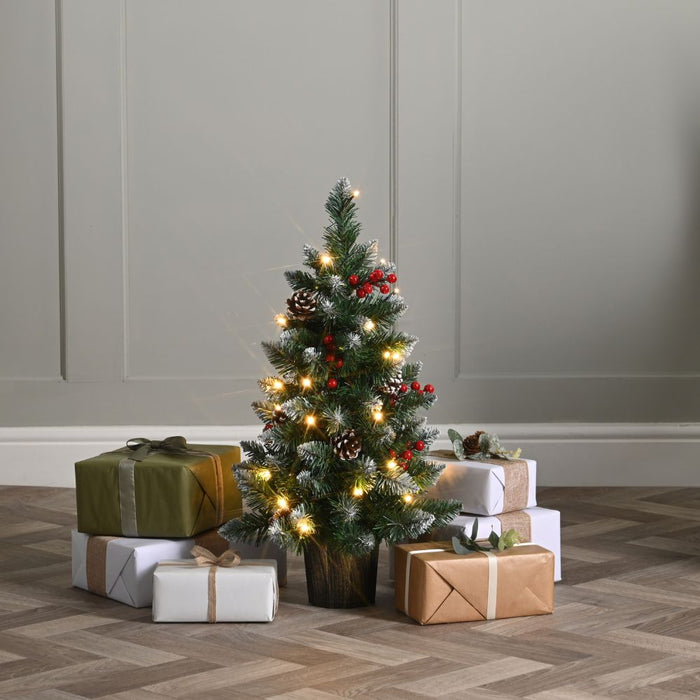Festive 60cm Prelit Potted ChristmasTree with Pinecones & Berries