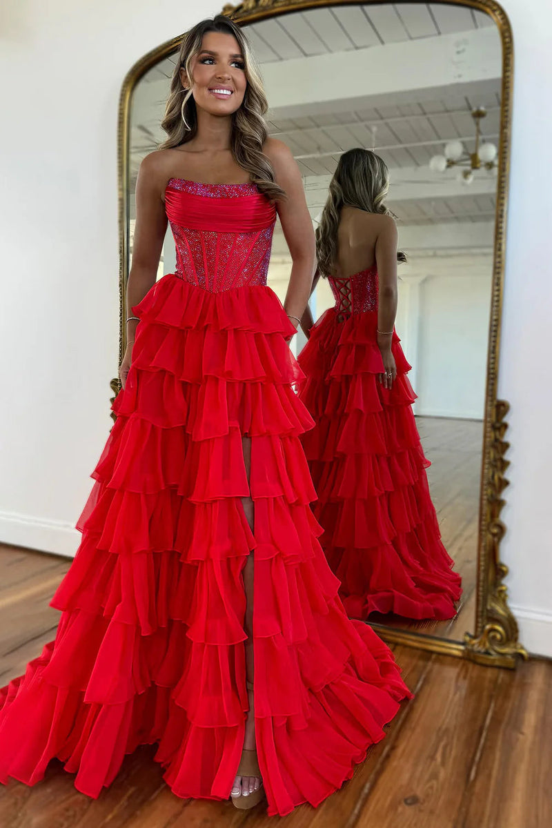 Gorgeous A Line Strapless Daffodil Tiered Chiffon Prom Evening Dresses with Hot Stone