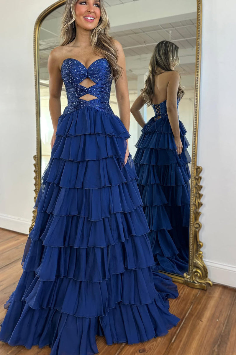 Gorgeous A-Line Sweetheart Chiffon Tiered Prom Dress with Hot Stone