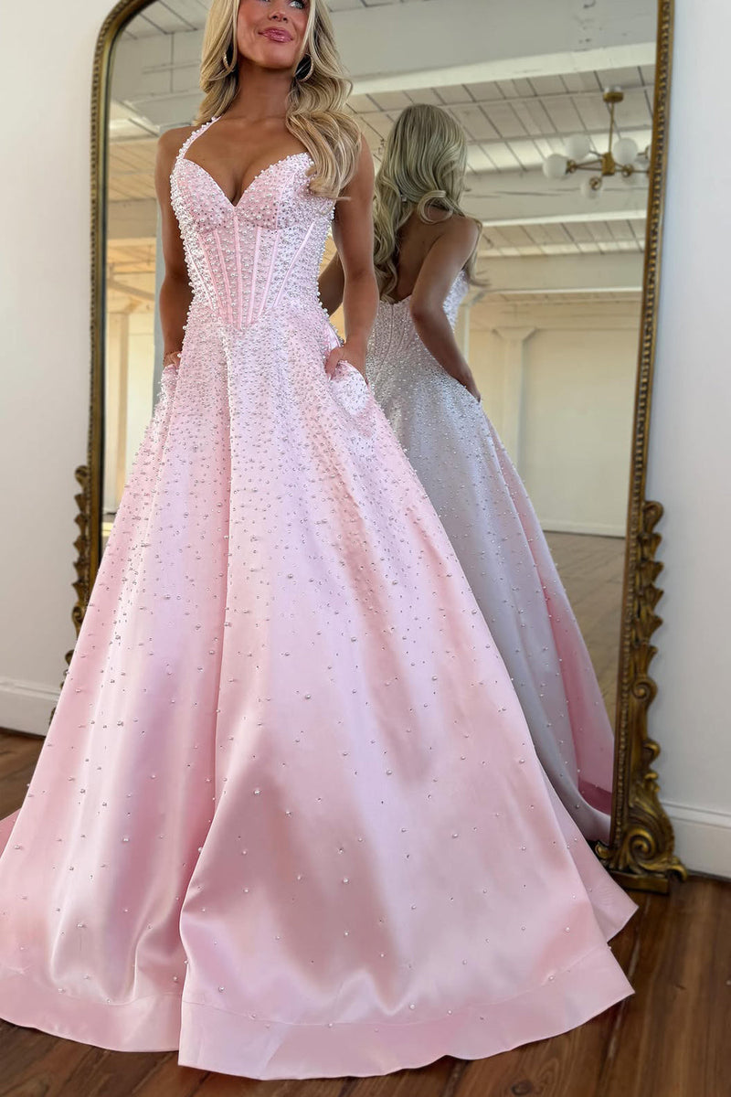 Gorgeous A Line V Neck Pink Long Prom Dress with Beading