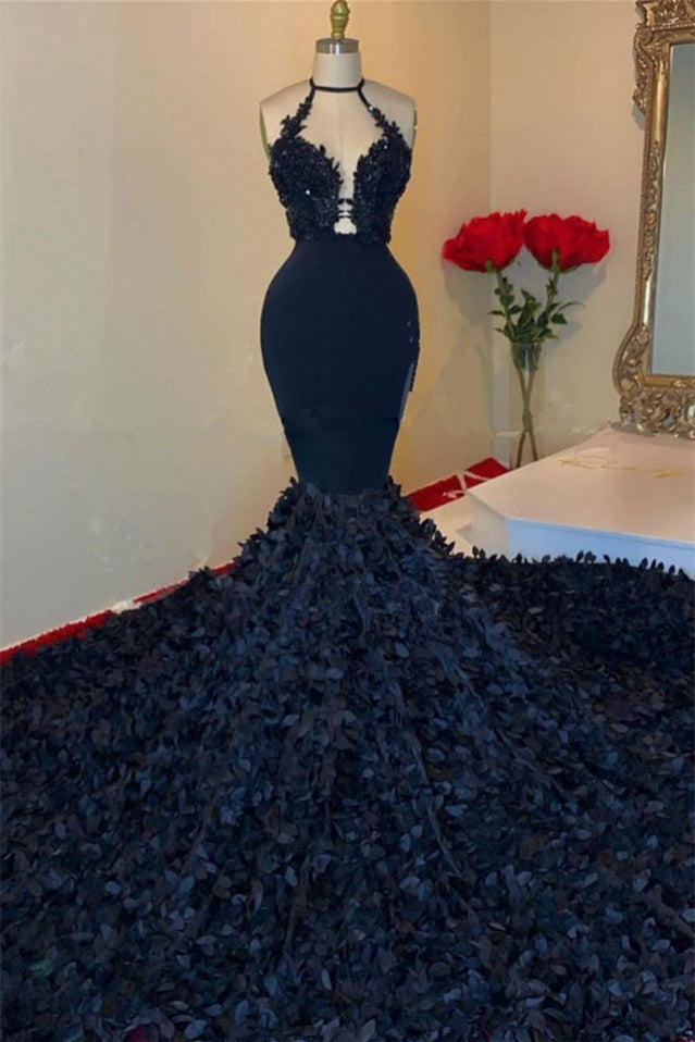 Gorgeous Dark Navy Halter V-Neck Mermaid Prom Dress with Appliques