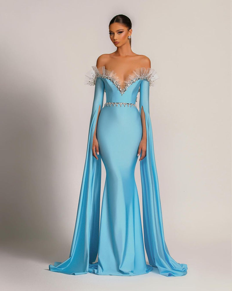 Graceful Sky Blue Off-the-shoulder Tulle Patchwork Mermaid Prom Dress