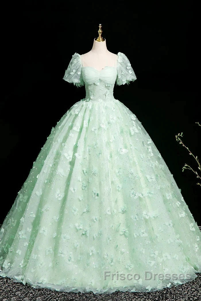 Green A-Line Tulle Beaded Sequin Long Formal Prom Dress, Beautiful 3D Butterfly Evening Dress