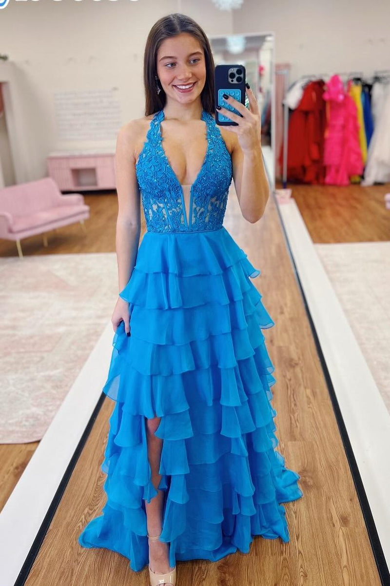 Halter Red Lace Appliques Chiffon Ruffle Prom Dress