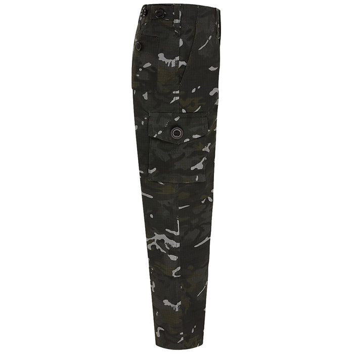 side view of kombat kids black btp camo trousers