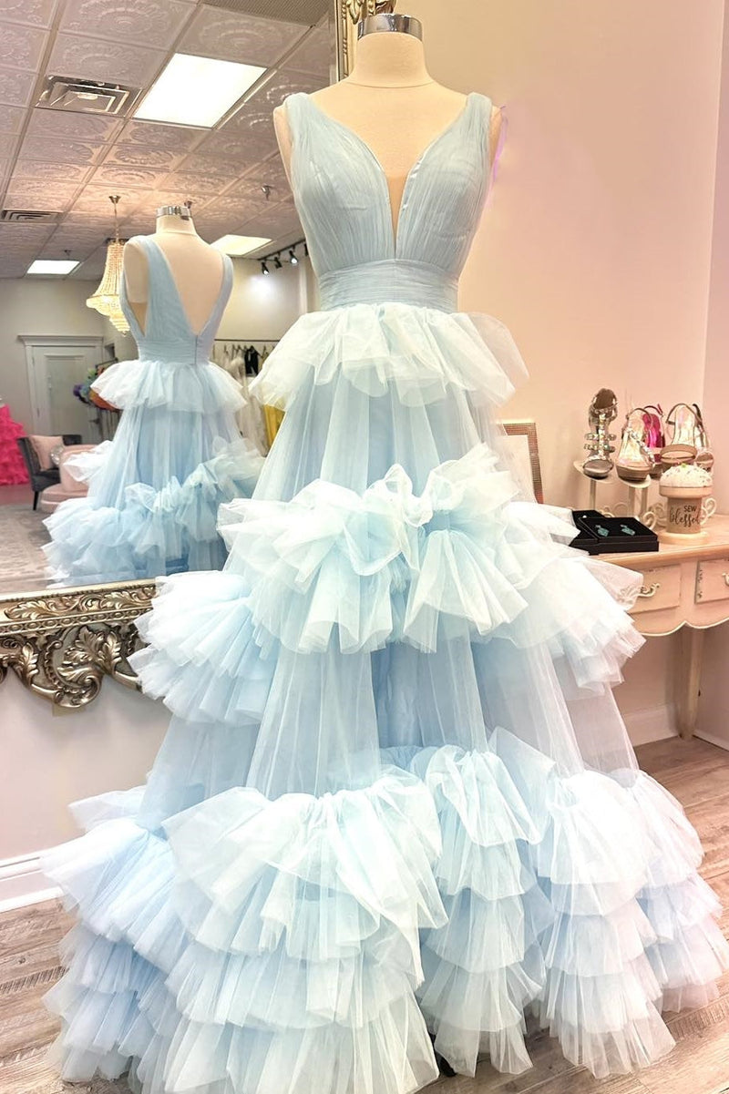 Light Blue V Neck Ruffles A-line Long Gown
