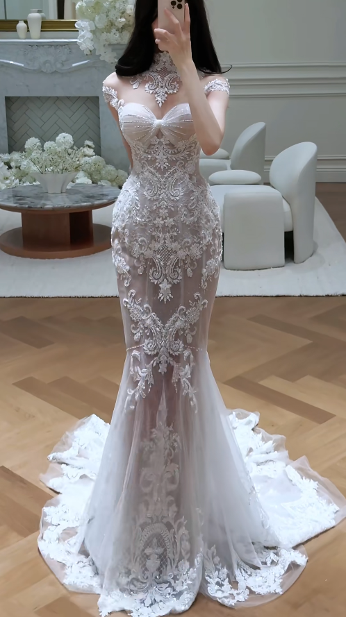 Luxury High Neck Mermaid Long Wedding Dresses Tulle Applique White Bridal Gowns Short Sleeves Bridal Dresses