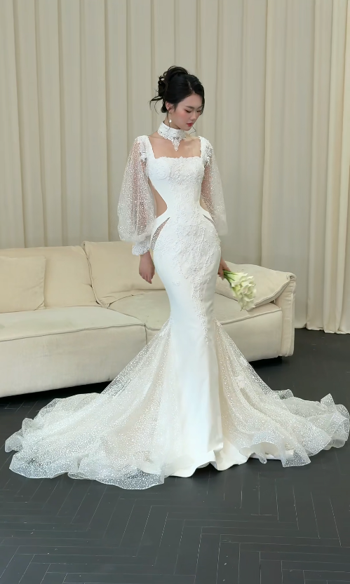 Luxury Mermaid Long Wedding Dresses Tulle Beaded White Bridal Gowns Sleeves Bridal Dresses