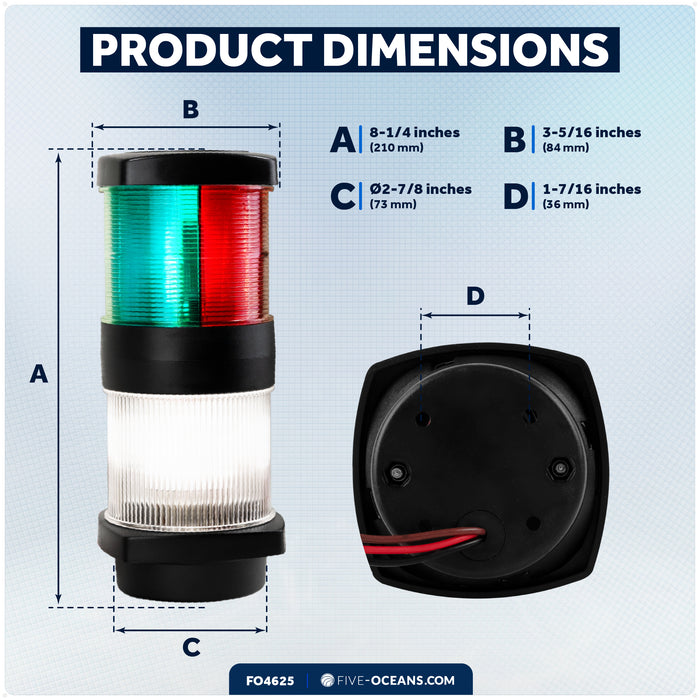 Masthead LED Tri-Color / Anchor Navigation Light, 12V DC - 2NM - FO4625 - Five Oceans
