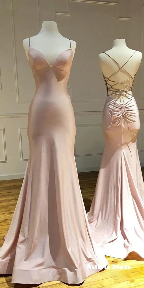Mermaid Trumpet Prom Dress, Pink Satin Criss Cross Long Evening Gowns