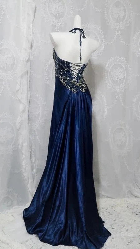 Navy Blue Halter Beaded Prom Dress Long Evening Dress,AST2285