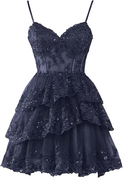 Navy Homecoming Dresses for Teens Tulle Lace Applique Tiered A-line Formal Short Mini Prom Dress
