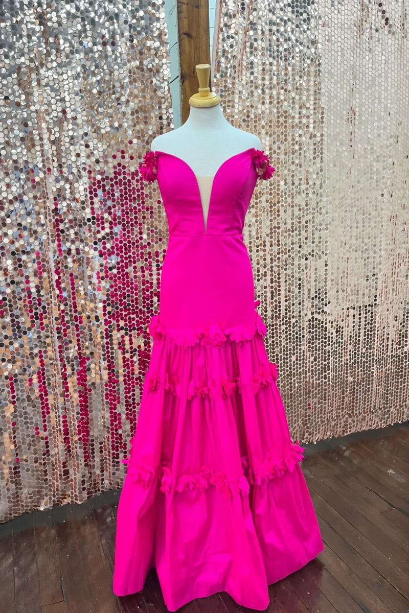 Off the Shoulder Hot Pink A-line Long Party Dress