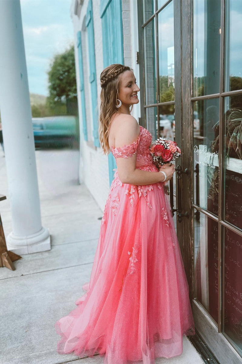 Off the Shoulder Hot Pink Appliques A-line Long Dress