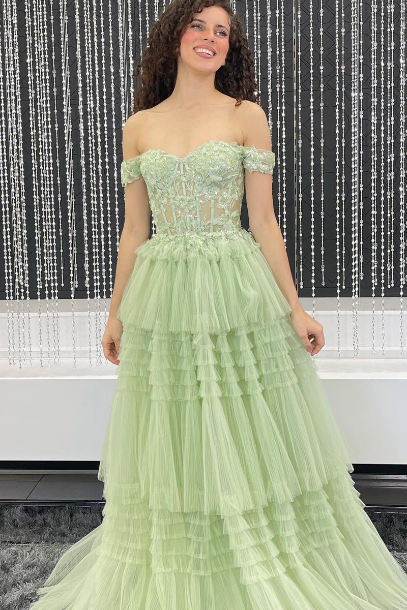 Off the Shoulder Light Blue Tulle Tiered Prom Dress