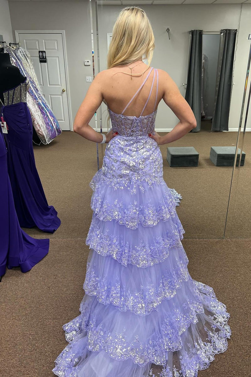 One Shoulder Blush Pink Tiered Ruffle Long Formal Dress