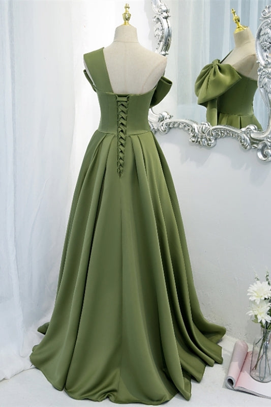 One Shoulder Green Bow Long Formal Dress