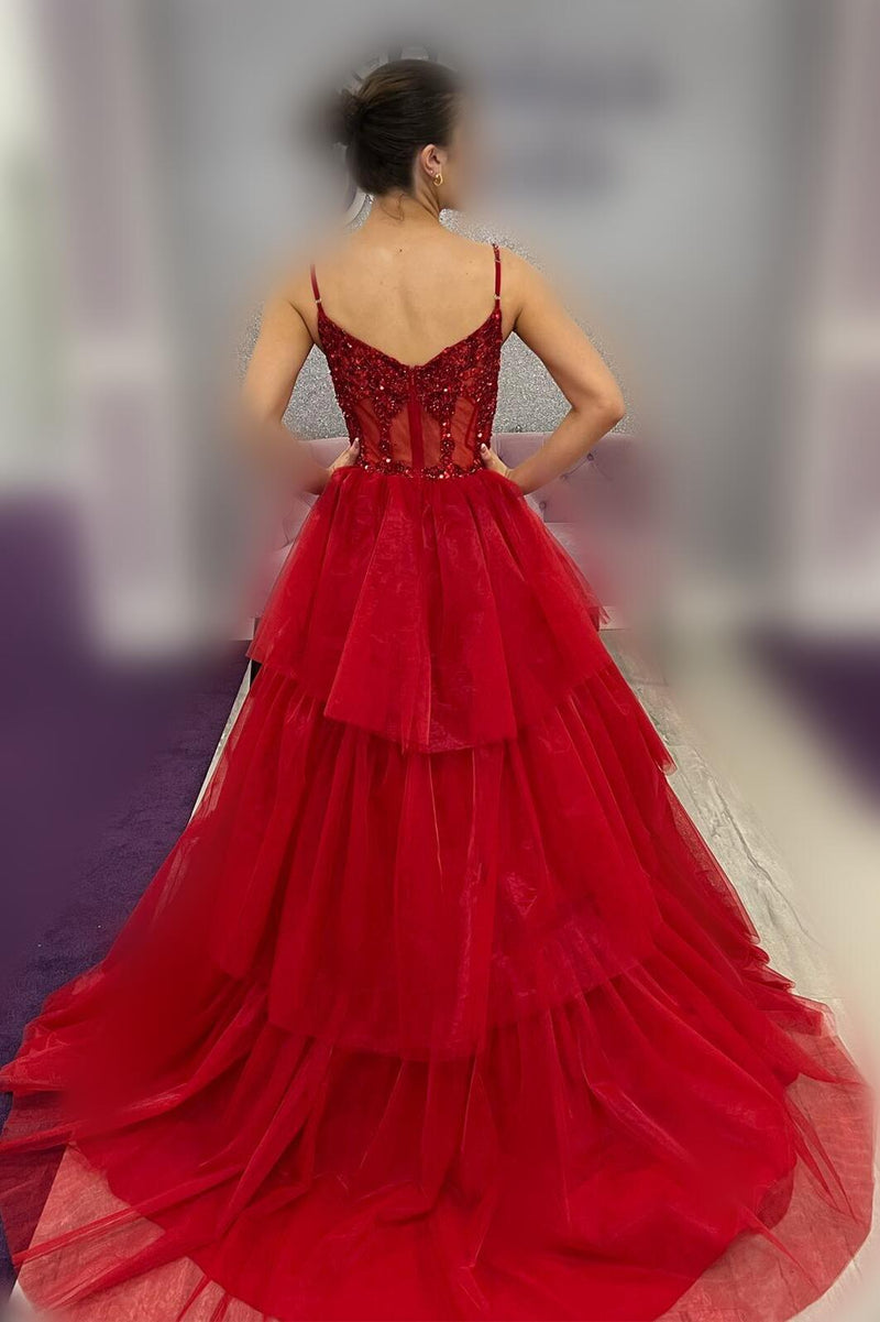 Pink Corset Tulle Ruffles A-line Formal Dress