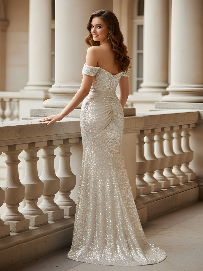Pleated Off-the-shoulder Sequins Dress With Slit Champagne