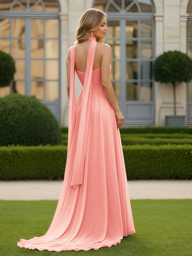 Pleated Sweetheart Neck A-line Chiffon Dress With Slit Coral