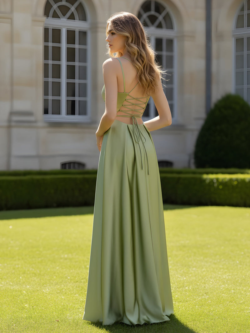 Pleated Sweetheart Neck A-Line Dress With Slit Dusty Sage