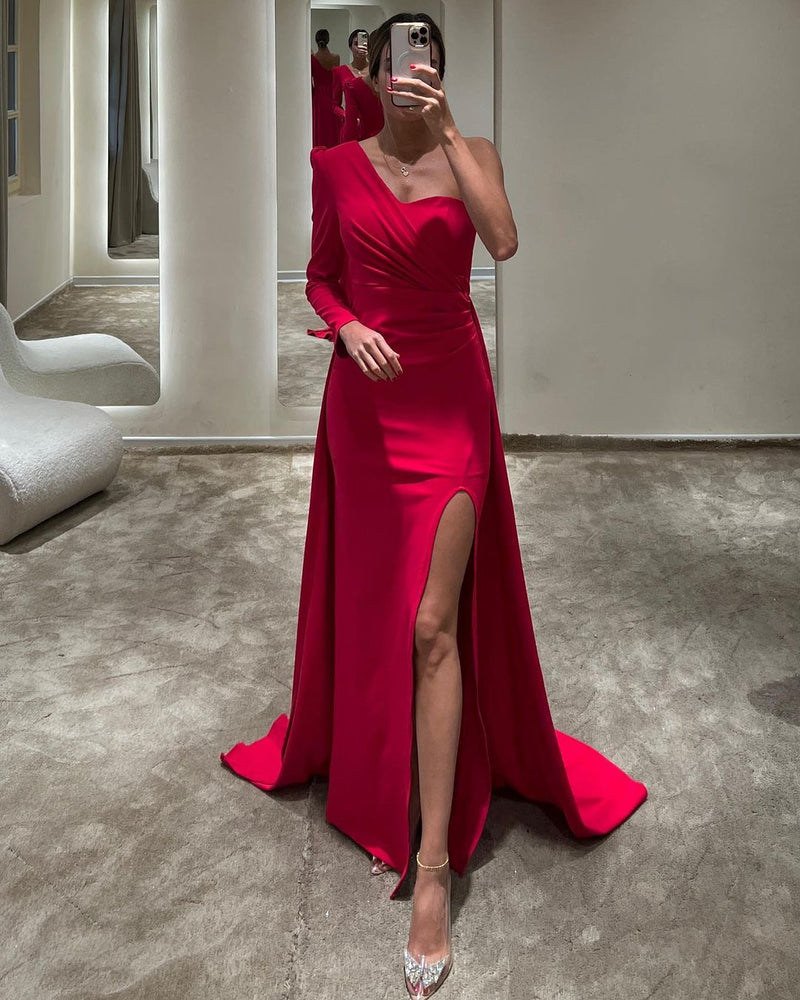 Red One Shoulder Prom Dress FrontAsymmetric Women Dress