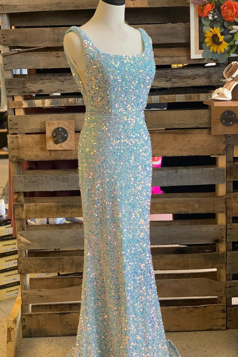 Red Sequin Square Neck Mermaid Long Formal Dress