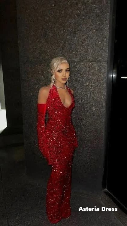 Red Sequins Long Prom Dress Sheath Deep V Neck Evening Dress