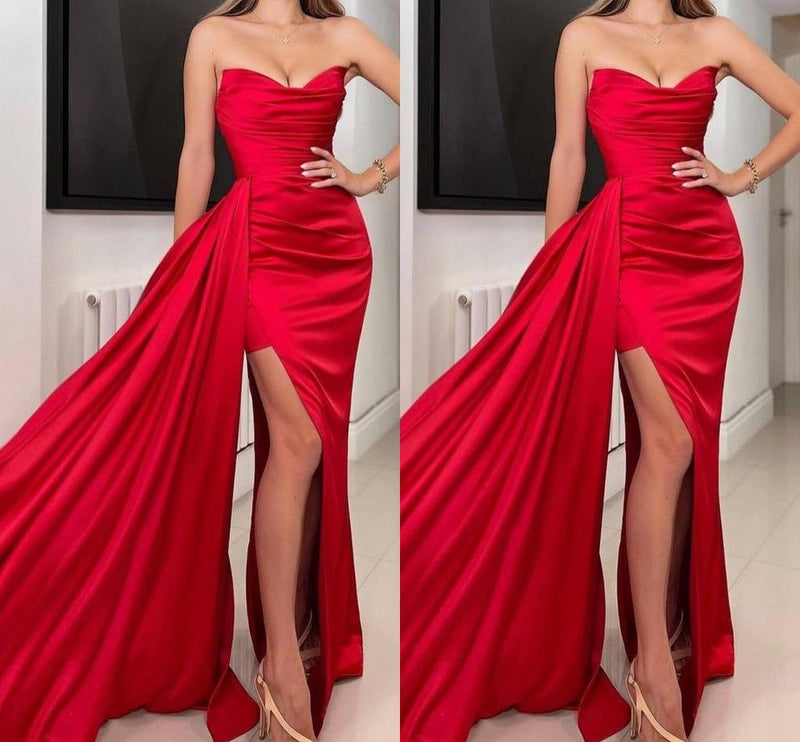 Red V Neck Prom Dress Sleeveless Slit with Trailing
