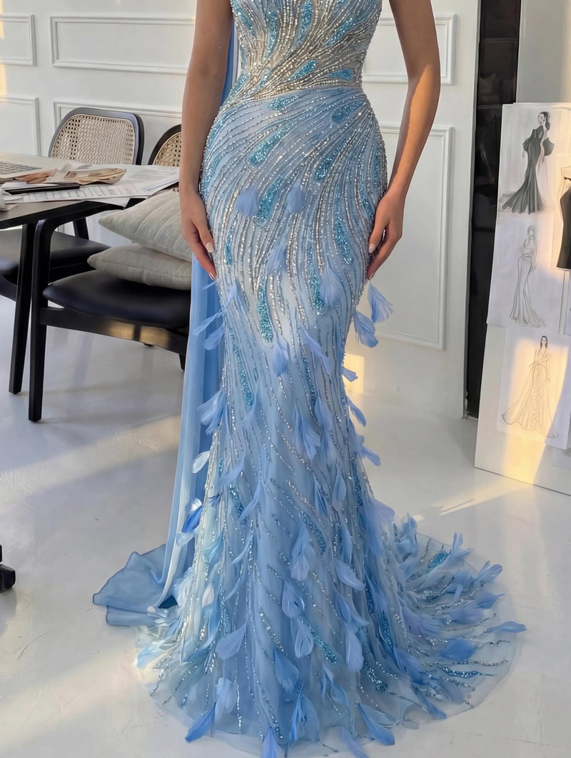 Romantic Blue One Shoulder Mermaid Prom Dress Beaded with Feather