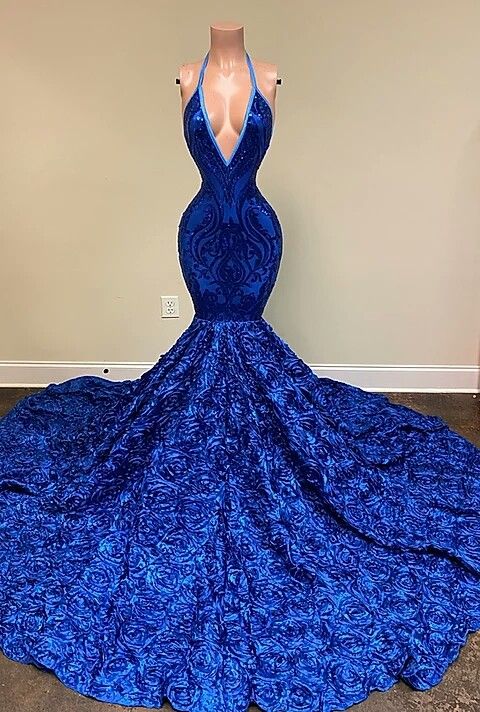 Royal Blue Halter Sequin Prom Dress Mermaid with Flowers Appliques