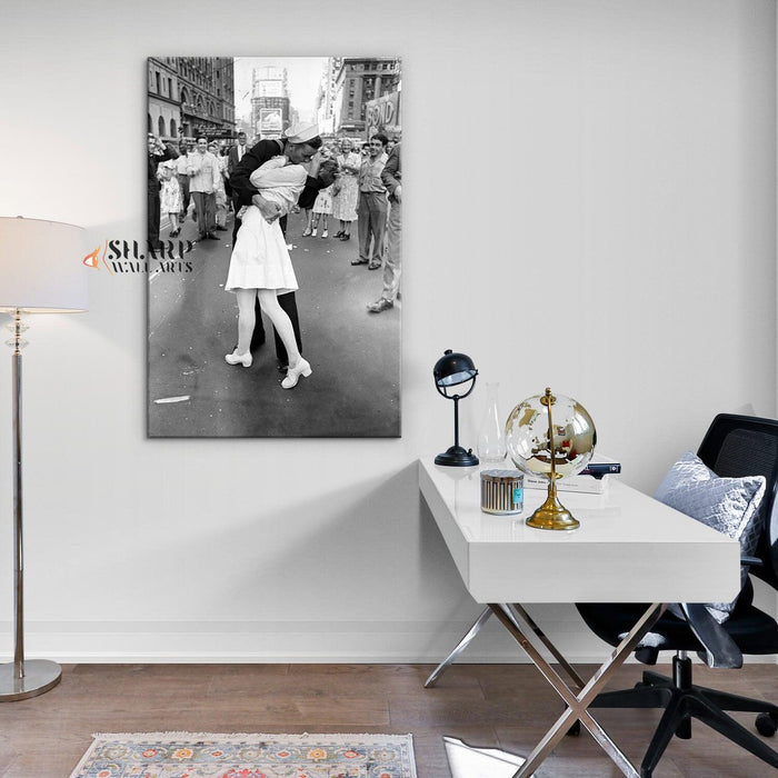 Sailor Kissing Nurse In Times Square Black And White Canvas Wall Art - SharpWallArts