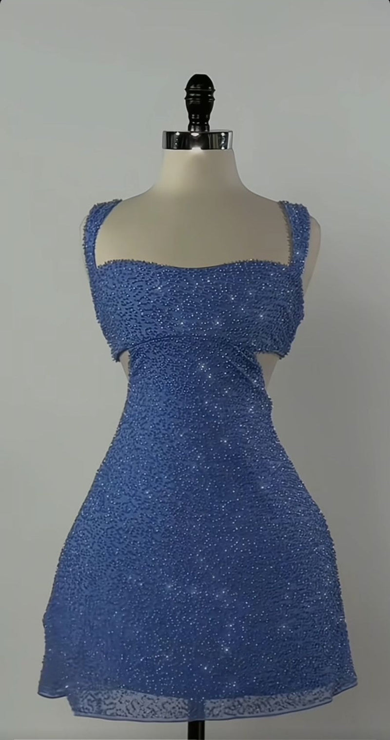 Sexy A-Line Short Prom Dresses Blue Homecoming Dresses Beaded Birthday Dresses