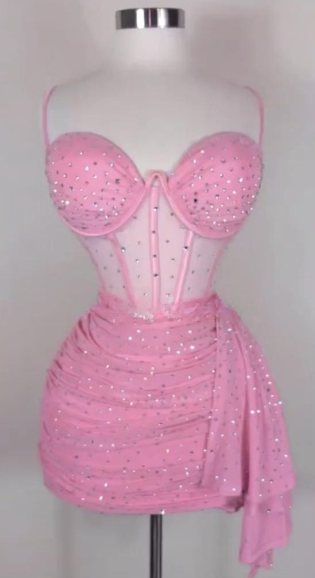 Sexy Spaghetti Strap Tight Homecoming Dress Pink Birthday Dresses Rhinestone Chiffon Short Prom Dresses