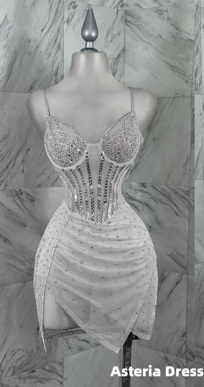 Sexy White Silver Beaded Mini Hoco Dresses