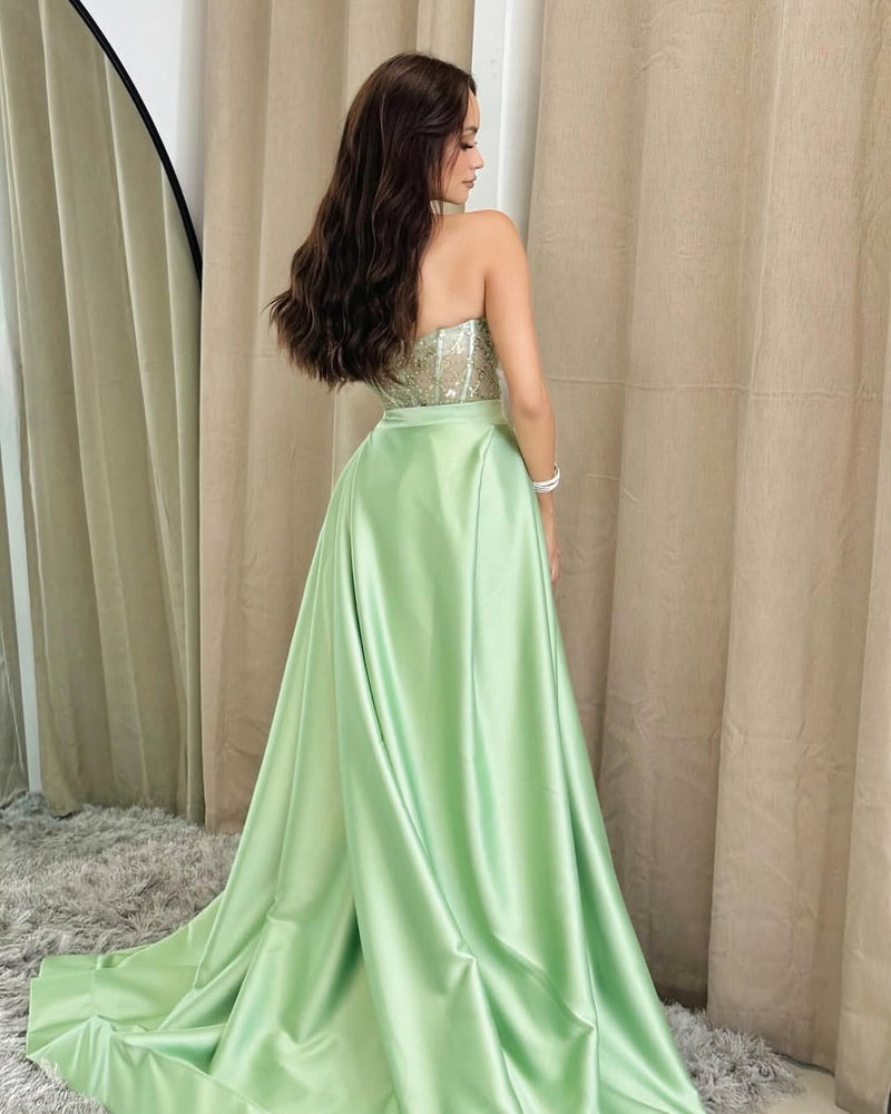 Shining Sage Strapless V-Neck Prom Dress Long Sequins Sheer with
