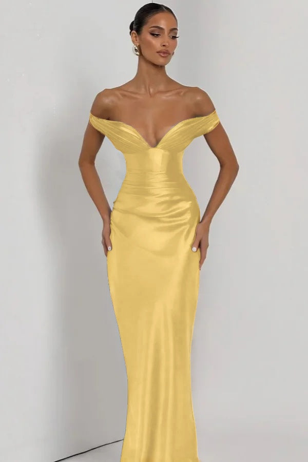Simple Dark Nvay Off-the-Shoulder Prom Dress Sleeveless Slimming Satin