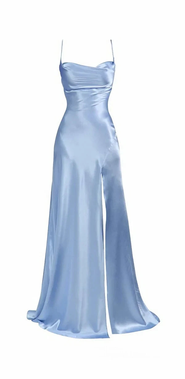 Simple Pink Spaghetti Straps Long Formal Prom Dress with Split