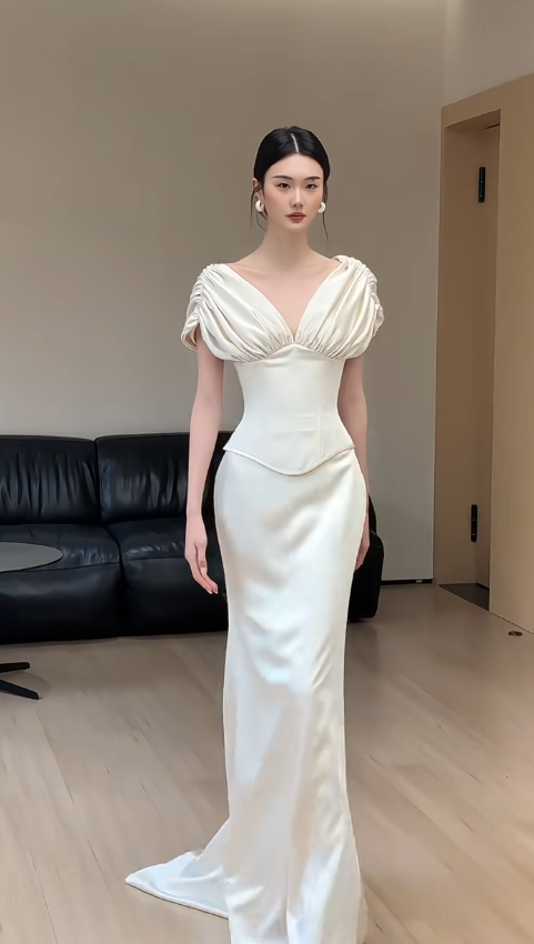 Simple Sheath Satin Long Wedding Dress Off-shoulder Sleeveless Bridal Dress