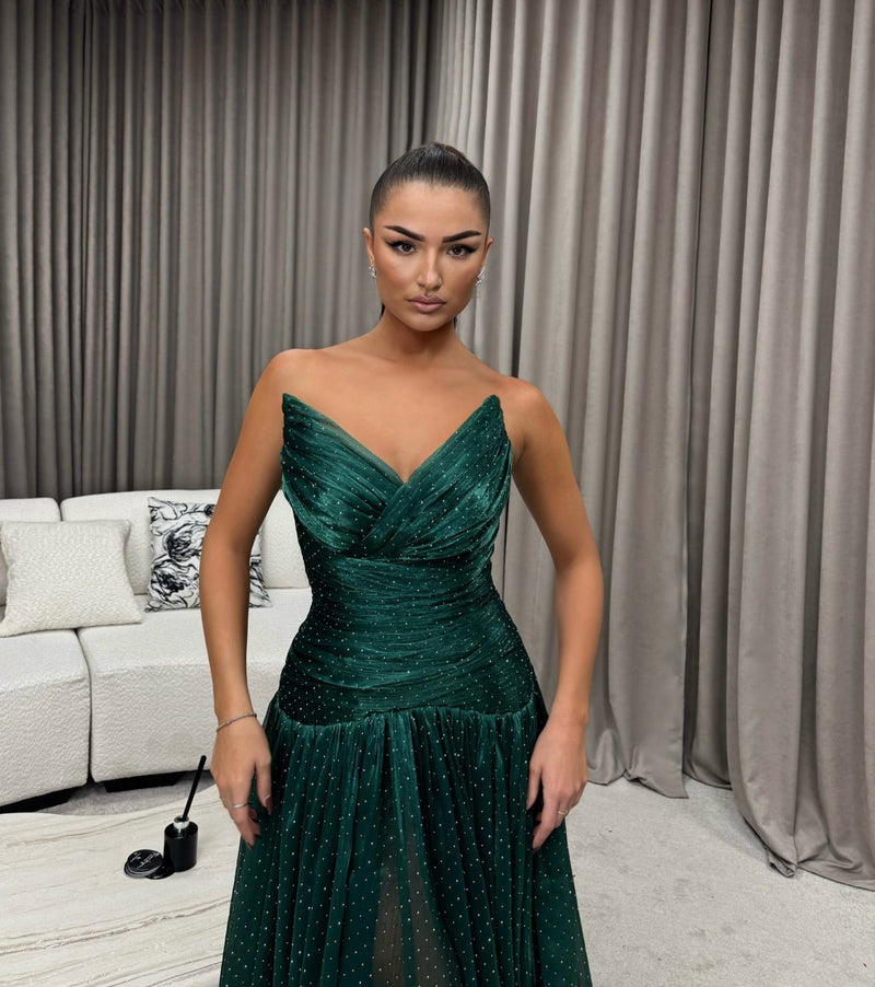 Sparkly Dark Green V-Neck Prom Dress Sleeveless Pleated with Beaded