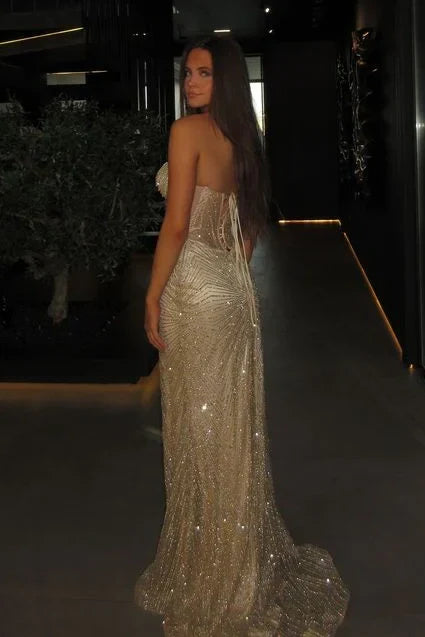 Sparkly Mermaid Spaghetti Straps Silver Corset Prom Dress with Beading