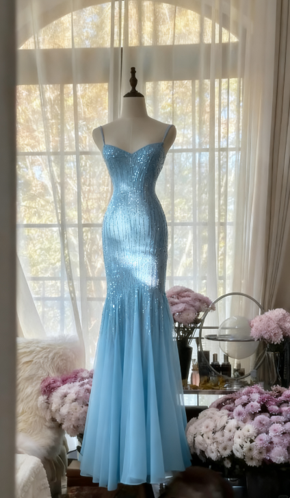 Sparkly Spaghetti StrapsPurple Mermaid Wedding Guest Dresses Beaded Tulle Chiffon Long Prom Dresses