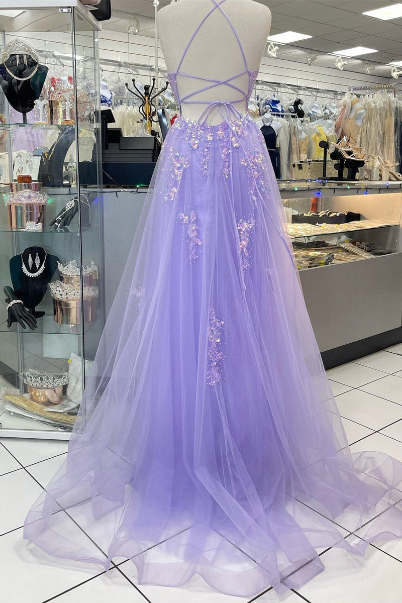 Straps Lavender Embroidery Tulle A-line Long Prom Dress