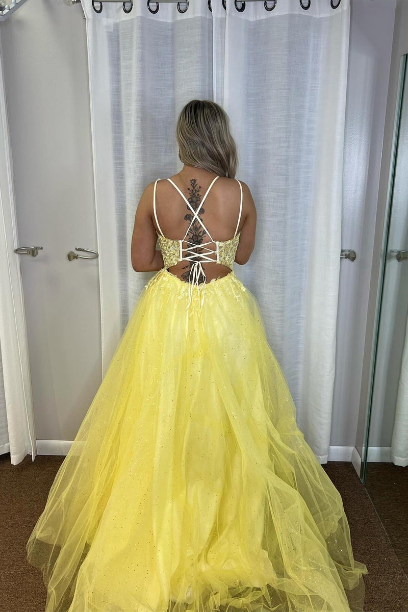 Straps Yellow Lace and Tulle Long Formal Dress