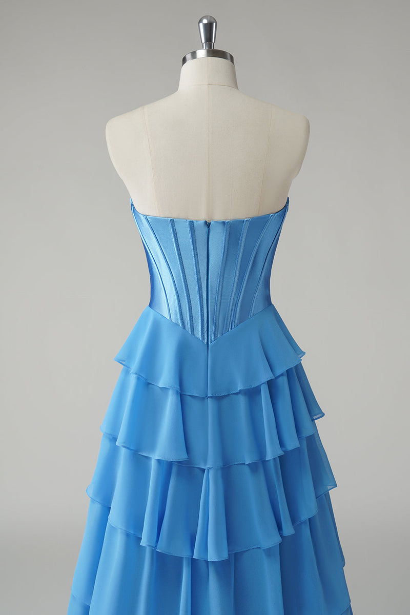Stunning Blue Strapless LayeredBackless Prom Dress