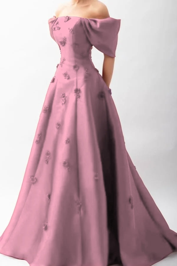 Stunningff-the-Shoulder Prom Dress Sleeveless A-Line Beaded with Flower