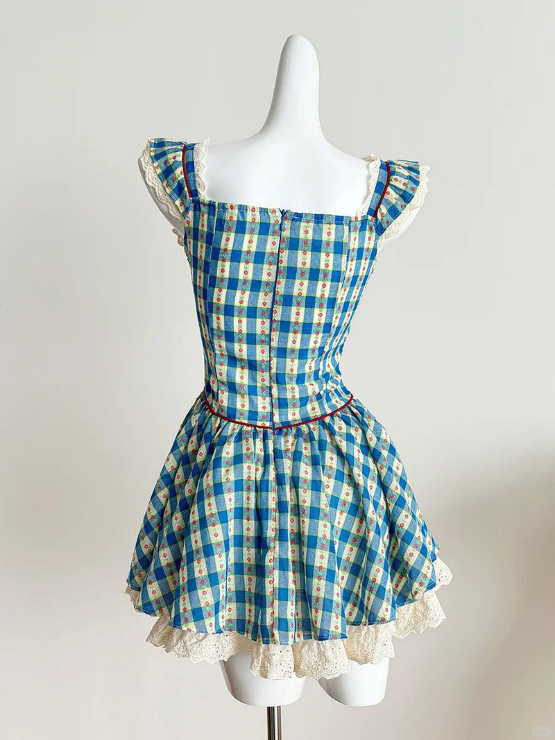 Sweet Blue and Yellow Plaid Waist Square Neck Short A-line 15th Birthday Homecoming Dress