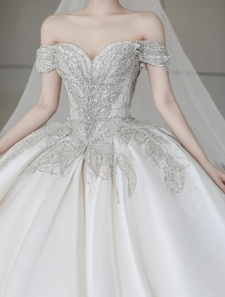 Timeless A-Line Long Wedding Dresses Off-shoulder White Bridal Gowns Beaded Satin Cups Sleeves Bridal Dresses
