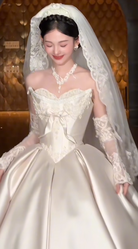 Timeless Ball Gown Strapless Satin Applique With Veil Sleeves Long Wedding Dresses