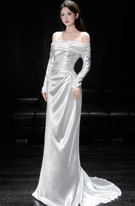 Timeless Sheath Long Wedding Dresses Off-shoulder White Bridal Gowns Satin Long Sleeves Bridal Dresses